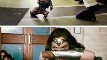 Gal Gadot sebagai Wonder Woman sedang syuting adegan aksi untuk Justice League. Foto: Brightside
