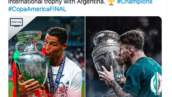 Ada yang unik, pada 10 Juli 2016 Ronaldo juara Piala Eropa. Tepat 10 Juli 5 tahun sesudahnya, Messi meraih Piala Amerika. Foto: Twitter