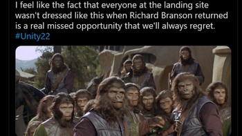 Bayangkan kalau Branson kembali dari luar angkasa dan Bumi sudah berubah seperti film Planet of the Apes. Foto: Screenshot/Twitter