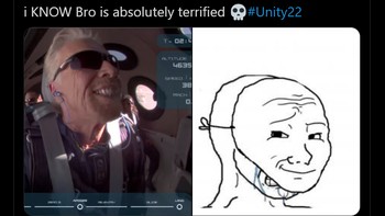 Apakah dalam hati Branson sebenarnya takut? Di usianya yang ke-70, Branson menjadi orang tertua kedua yang pernah ke luar angkasa. Foto: Screenshot/Twitter