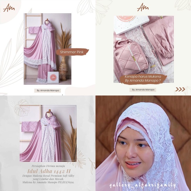 Penampilan memakai mukena itu rupanya karena Amanda yang sukses berbisnis skincare kini mencoba bisnis baru, terkait busana muslim. Dia mulai berbisnis mukena pada April 2021. Foto: Dok. Instagram @amandamanopomukena.