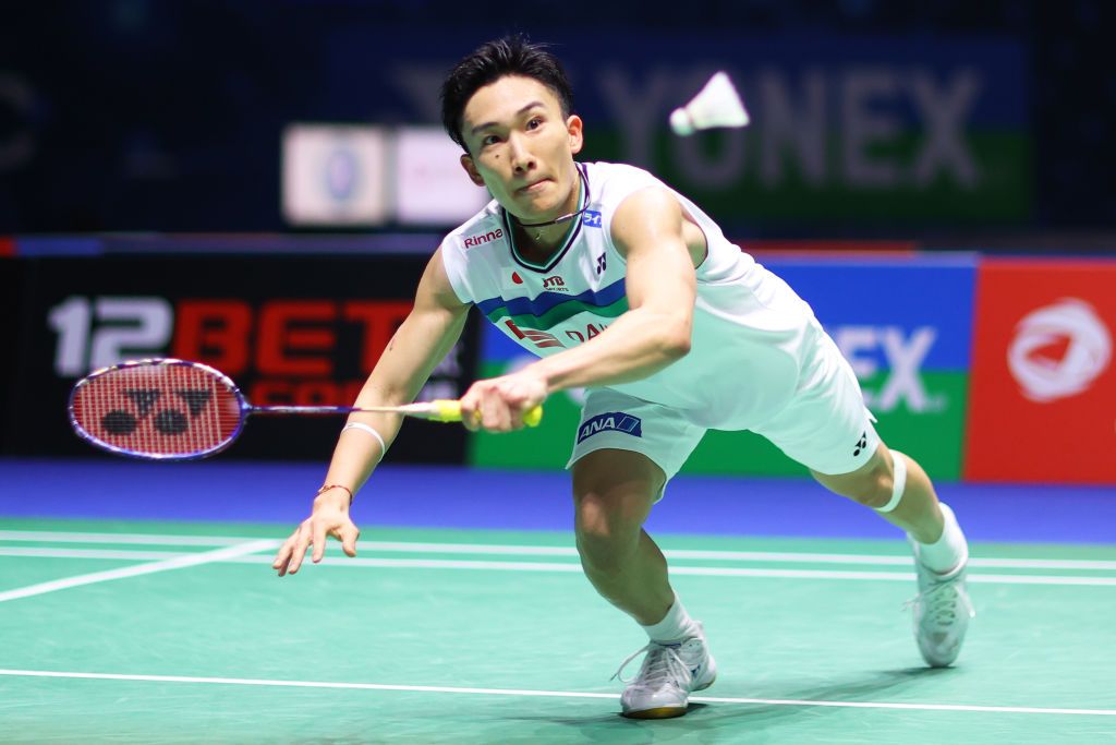 BIRMINGHAM, ENGLAND - MARCH 18: Kento Momota of Japan returns a shot during his round of 16 match against Prannoy H. S. during day two of YONEX All England Open Badminton Championships at Utilita Arena Birmingham on March 18, 2021 in Birmingham, England. (Photo by Naomi Baker/Getty Images)