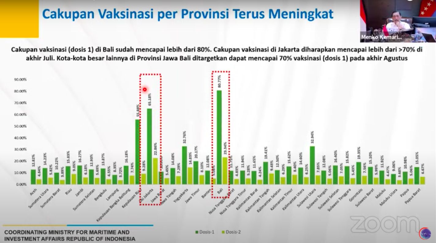 Cakupan vaksinasi per provinsi, disampaikan Luhut pada 15 Juli 2021. (YouTube Kemenko Marinves)