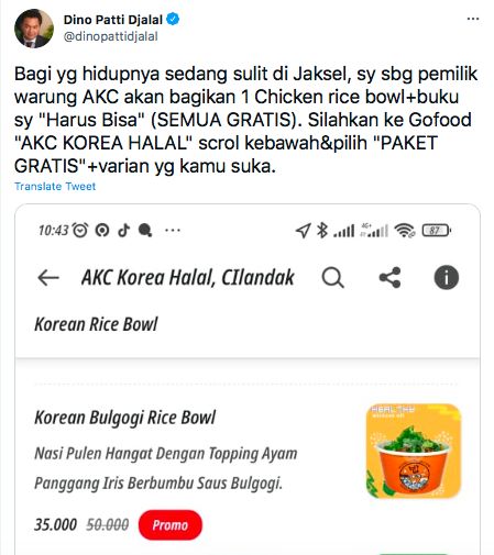 Dino Patti Djalal Bagikan 100 Korean Rice Bowl untuk yang Terdampak Pandemi