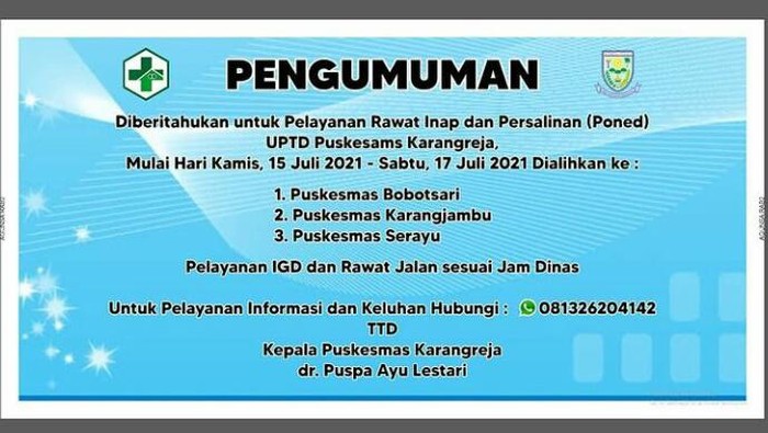 Pengumuman penutupan Puskesmas Karangreja Purbalingga