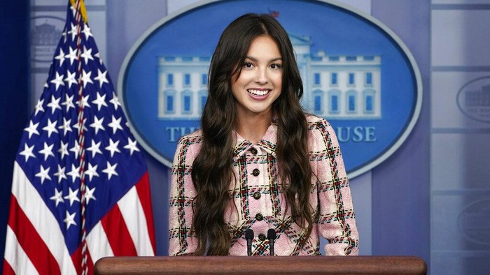 Teen pop star Olivia Rodrigo speaks at the beginning of the daily briefing at the White House in Washington, Wednesday, July 14, 2021. Rodrigo is at the White House to film a vaccination video. (AP Photo/Susan Walsh)