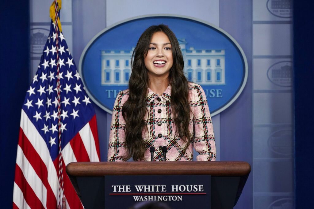 Teen pop star Olivia Rodrigo speaks at the beginning of the daily briefing at the White House in Washington, Wednesday, July 14, 2021. Rodrigo is at the White House to film a vaccination video. (AP Photo/Susan Walsh)