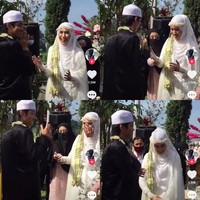 Keduanya kemudian diminta untuk bersalaman. Namun yang terjadi malah keduanya bersalaman tanpa bersentuhan. Aksi pasangan pengantin baru itu pun membuat tamu undangan yang hadir tertawa gemas. Lalu tangan Aisyah diarahkan agar mencium tangan Ustaz Agam. Foto: Dok. Tangkap layar akun TikTok @adelasuryapertiwi_.