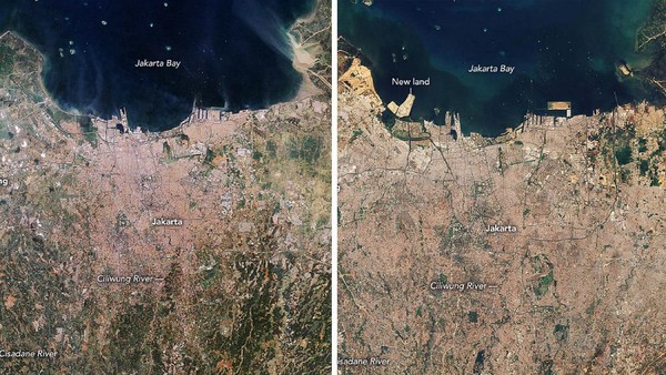 Nah, banjir menjadi semakin parah dengan perubahan fungsi area di pinggir sungai. Perubahan itu dicatat NASA lewat citra dari luar angkasa atau lndsat. Perbandingan landsat Jakarta pada tahun 1990 dan 2020 sangat mencolok. Dari foto itu nampak jelas evolusi Jakarta dalam tempo tiga dekade terakhir. Dok. NASA Nah, banjir menjadi semakin parah dengan perubahan fungsi area di pinggir sungai. Perubahan itu dicatat NASA lewat citra dari luar angkasa atau lndsat. Perbandingan landsat Jakarta pada tahun 1990 dan 2020 sangat mencolok. Dari foto itu nampak jelas evolusi Jakarta dalam tempo tiga dekade terakhir. Dok. NASA