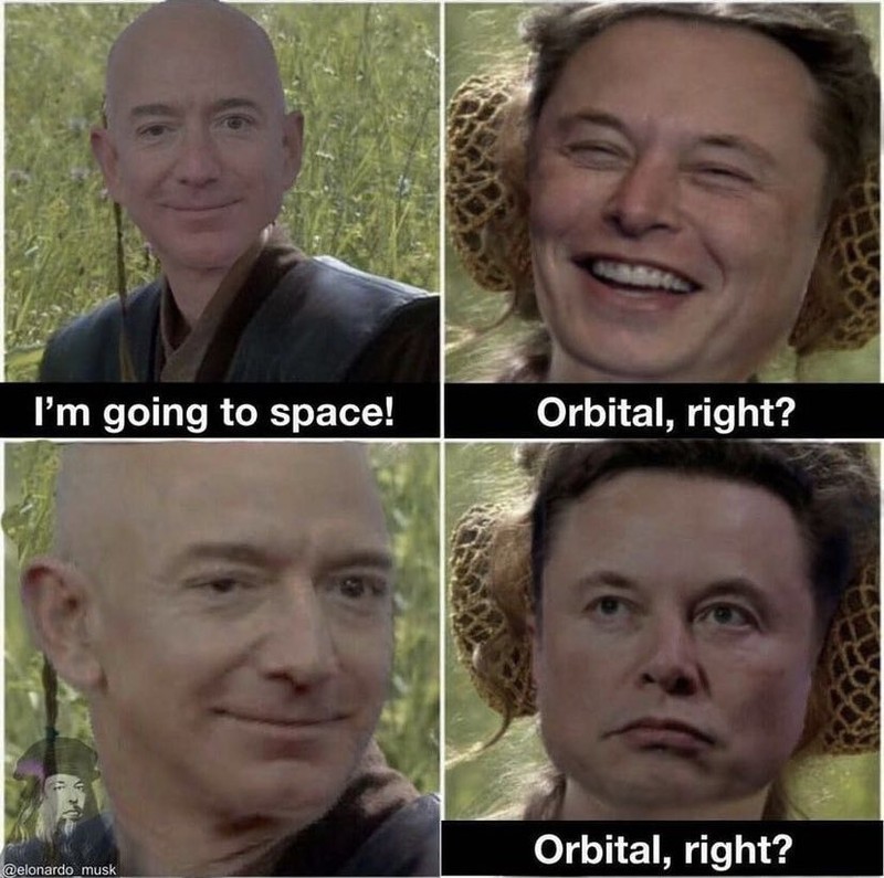 Persaingan Elon Musk dan Jeff Bezos soal urusan ruang angkasa berbuntut pada meme sindiran. Elon Musk menyukai meme yang mengejek Bezos hanya ke sub-orbital. Diketahui, orang kaya dunia itu akan terbang ke luar Bumi pada 20 Juli nanti.

Meme itu mengolok-olok fakta bahwa penerbangan Blue Origin Bezos yang akan datang sebenarnya hanya akan menjadi sub-orbital yang berarti hanya akan menyentuh tepi ruang angkasa, bukan pergi ke orbit penuh di sekitar Bumi.