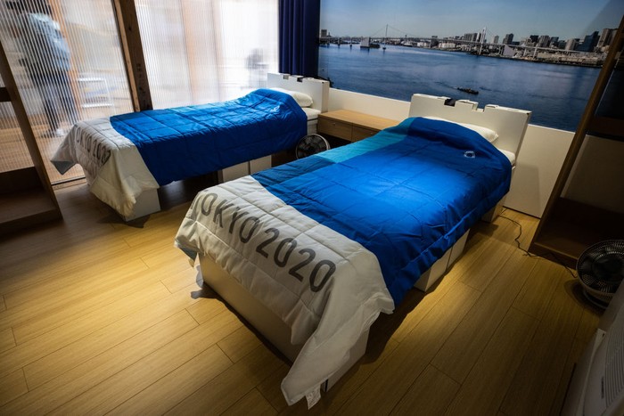 TOKYO, JAPAN - JUNE 20: A general view of the athletes room replica during press preview of the Village Plaza as part of the Olympic and Paralympic Village media tour on June 20, 2021 in Tokyo, Japan. About a month before the opening ceremony of the Tokyo 2020 Olympic Games, preparations for the games are progressing in various places including the athlete village, however, opponents are continuing protests over the situation of COVID-19 and operation costs. (Photo by Takashi Aoyama/Getty Images)