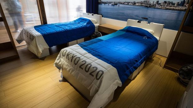 TOKYO, JAPAN - JUNE 20: A general view of the athletes' room replica during press preview of the Village Plaza as part of the Olympic and Paralympic Village media tour on June 20, 2021 in Tokyo, Japan. About a month before the opening ceremony of the Tokyo 2020 Olympic Games, preparations for the games are progressing in various places including the athlete village, however, opponents are continuing protests over the situation of COVID-19 and operation costs. (Photo by Takashi Aoyama/Getty Images)