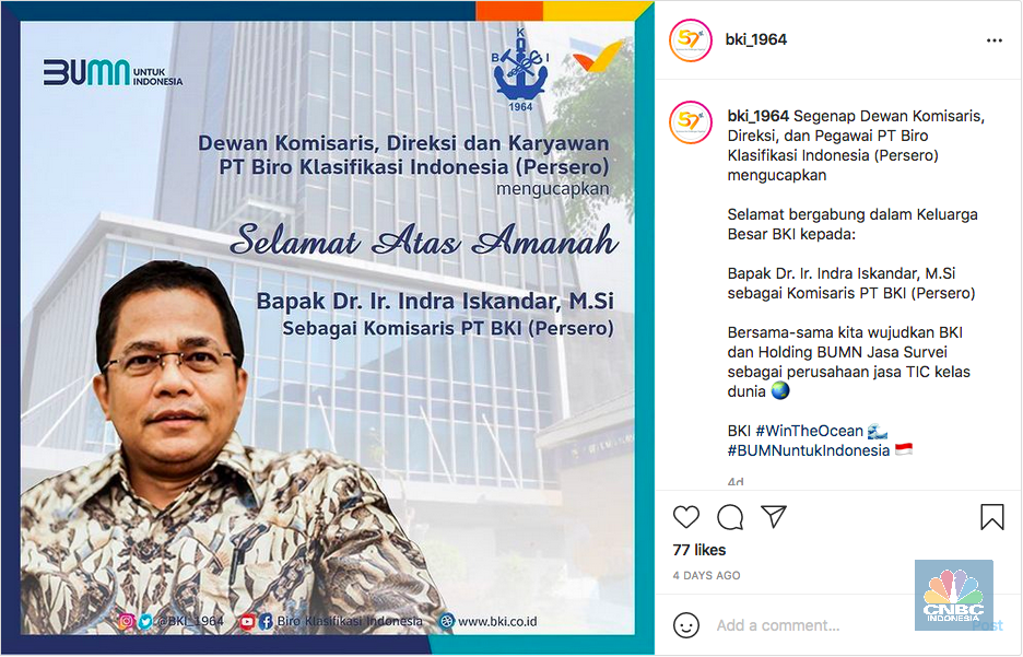 Ucapan selamat atas penunjukkan Indra Iskandar sebagai Komisaris BKI.
