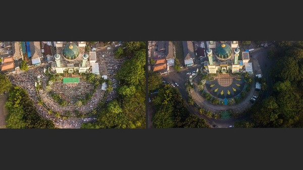 Tak hanya di Palembang, di Bekasi pun salat Idul Adha di masjid agung Al-Barkah pun ditiadakan. Berikut Foto kolase Shalat Idul Adha 1441 H (kiri) dan Idul Adha 1442 H (kanan) pada PPKM Darurat di Masjid Agung Al-Barkah, Bekasi, Jawa Barat, Selasa (20/7/2021) (ANTARA FOTO/Fakhri Hermansyah) Tak hanya di Palembang, di Bekasi pun salat Idul Adha di masjid agung Al-Barkah pun ditiadakan. Berikut Foto kolase Shalat Idul Adha 1441 H (kiri) dan Idul Adha 1442 H (kanan) pada PPKM Darurat di Masjid Agung Al-Barkah, Bekasi, Jawa Barat, Selasa (20/7/2021) (ANTARA FOTO/Fakhri Hermansyah)