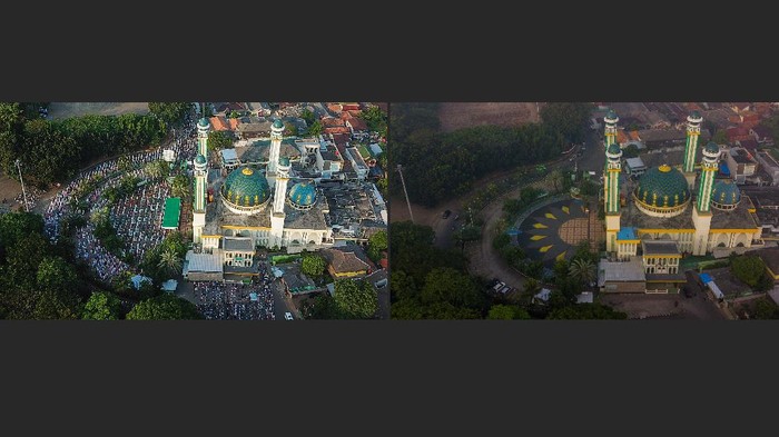 MASJID AGUNG AL-BARKAH TIDAK MELAKSANAKAN SHALAT IDUL ADHA Foto kolase Shalat Idul Adha 1441 H (kiri) dan Idul Adha 1442 H (kanan) pada PPKM Darurat di Masjid Agung Al-Barkah, Bekasi, Jawa Barat, Selasa (20/7/2021). Dewan Kemakmuran Masjid (DKM) Agung Al Barkah tidak menyelenggarakan shalat Idul Adha dan pemotongan hewan kurban guna mencegah penyebaran wabah COVID-19. ANTARA FOTO/ Fakhri Hermansyah/foc.