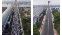 Foto kolase perbandingan suasana Shalat Idul Adha 1442 H di Jembatan Ampera Palembang, Sumatera Selatan, sebelum adanya pandemi COVID-19 (kiri) dan saat pandemi (kanan), Selasa (20/7/2021) (ANTARA FOTO/Iggoy El Fitra-Nova Wahyudi)