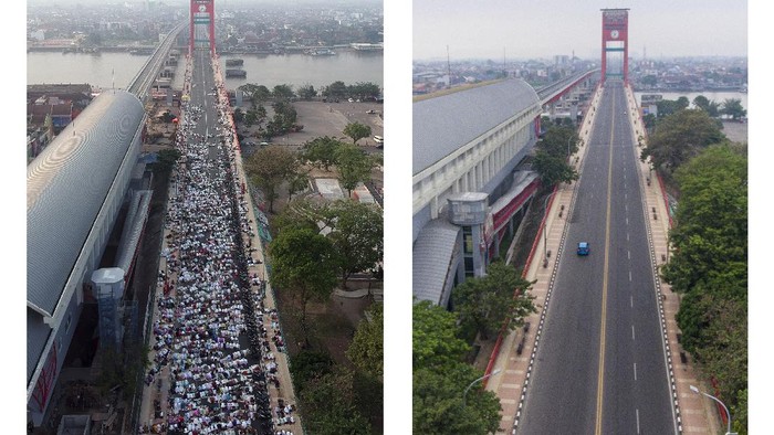 PUSAT KOTA PALEMBANG TANPA SHALAT IDUL ADHA Foto kolase perbandingan suasana Shalat Idul Adha 1442 H di Jembatan Ampera Palembang, Sumatera Selatan, sebelum adanya pandemi COVID-19 (kiri) dan saat pandemi (kanan), Selasa (20/7/2021). Pemerintah Kota Palembang bersama Kemenag Palembang melarang warga untuk melaksanakan Shalat Idul Adha 1442 H di masjid, musholla dan lapangan yang berada di zona merah. ANTARA FOTO/Iggoy El Fitra-Nova Wahyudi/foc.