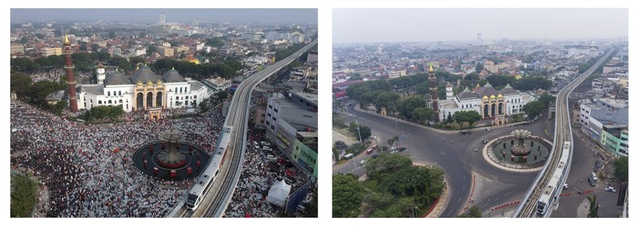 Foto kolase perbandingan suasana Shalat Idul Adha 1442 H di Jembatan Ampera Palembang, Sumatera Selatan, sebelum adanya pandemi COVID-19 (kiri) dan saat pandemi (kanan), Selasa (20/7/2021). Pemerintah Kota Palembang bersama Kemenag Palembang melarang warga untuk melaksanakan Shalat Idul Adha 1442 H di masjid, musholla dan lapangan yang berada di zona merah. ANTARA FOTO/Iggoy El Fitra-Nova Wahyudi/foc.