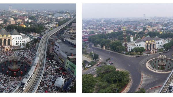 Begitu juga dengan potret udara sebelum dan saat pandemi, suasana lalu lintas pada pagi hari Idul Adha di Bundaran Air Mancur (BAM) Masjid Agung Palembang, Sumatera Selatan (ANTARA FOTO/Iggoy El Fitra-Nova Wahyudi) Begitu juga dengan potret udara sebelum dan saat pandemi, suasana lalu lintas pada pagi hari Idul Adha di Bundaran Air Mancur (BAM) Masjid Agung Palembang, Sumatera Selatan (ANTARA FOTO/Iggoy El Fitra-Nova Wahyudi)