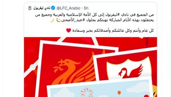 Sementara Liverpool memajang kicauan akun Twitter mereka untuk wilayah Arab. Foto: Twitter