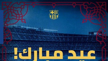 Akun resmi Barcelona pun mengucapkan selamat hari raya dalam bahasa Arab. Foto: Twitter