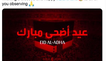 #EidAlAdha menggema di Twitter menjadi pemuncak trending topic. Ini ucapan selamat Idul Adha dari akun resmi AC Milan. Foto: Twitter