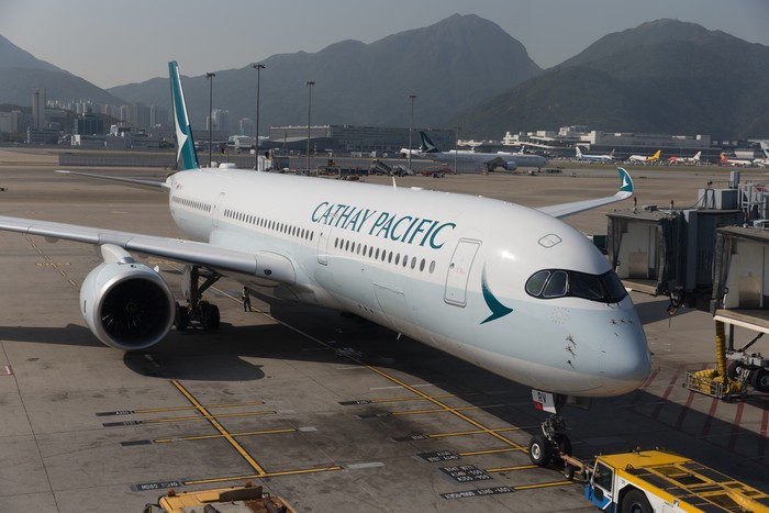 Hong Kong, Hong Kong - March 21, 2018 : Cathay Pacific Airbus A350-900 aircraft at the Hong Kong International Airport. The Airbus A350 is the latest-generation aircraft to Cathay Pacific.