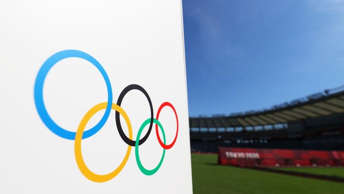 CHOFU, JAPAN - JULY 21: The Olympic ring logo is seen inside the stadium prior to the Womens First Round Group G match between Sweden and United States during the Tokyo 2020 Olympic Games at Tokyo Stadium on July 21, 2021 in Chofu, Tokyo, Japan. (Photo by Dan Mullan/Getty Images)