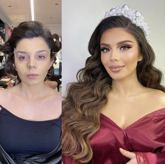 Siapa sangka wanita di foto kiri dan kanan ini adalah orang yang sama. Makeup dari Arber Bytyqi membuat si wanita berubah drastis penampilannya di hari pernikahan. Foto: Dok. Instagram @arber_bytyqi_mua