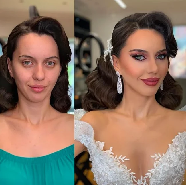 Makeup membuat wanita ini tampil menawan di hari pernikahannya bak pemain film tahun 50-an yang memesona. Foto: Dok. Instagram @arber_bytyqi_mua