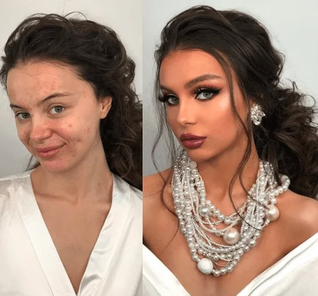 Foto before after makeup pengantin ini menunjukkan bagaimana penampilan alis bisa mengubah tampilan wajah. Jika sebelum dimakeup alis wanita tampak tipis, setelah dirias alisnya membuat penampilannya jadi cetar. Foto: Dok. Instagram @arber_bytyqi_mua