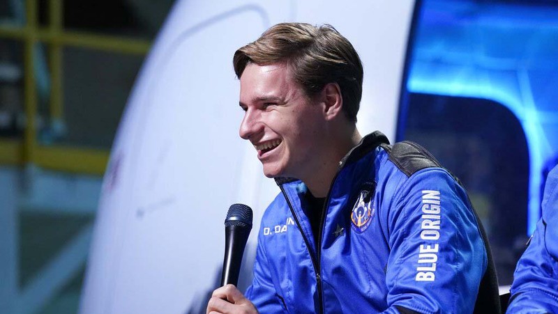 Oliver Daemen smiles during a post launch briefing where passengers described their flight experience from the spaceport near Van Horn, Texas, Tuesday, July 20, 2021. (AP Photo/Tony Gutierrez)