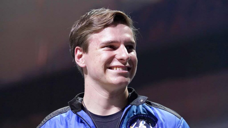 Oliver Daemen smiles during a post launch briefing where passengers described their flight experience from the spaceport near Van Horn, Texas, Tuesday, July 20, 2021. (AP Photo/Tony Gutierrez)