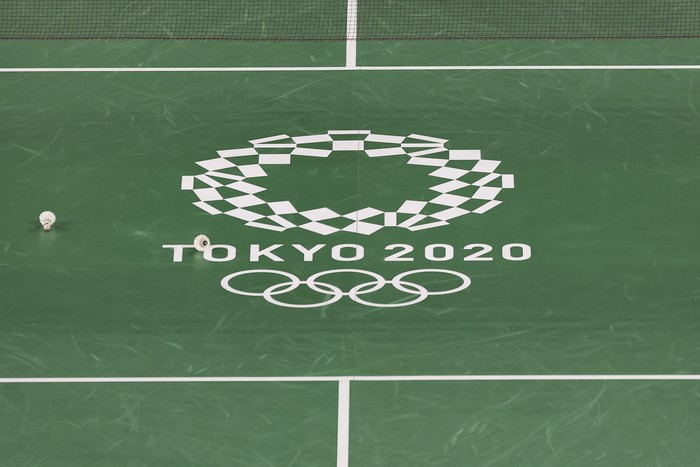 CHOFU, JAPAN - JULY 21: A general view of a badminton court with the Tokyo Olympic logo at Musashino Forest Sport Plaza ahead of the Tokyo 2020 Olympic Games on July 21, 2021 in Chofu, Tokyo, Japan. (Photo by Lintao Zhang/Getty Images)
