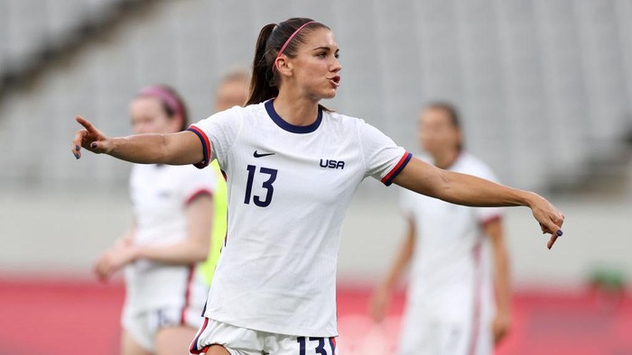 CHOFU, JAPAN - JULY 21: Alex Morgan #13 of Team United States reacts during the Women's First Round Group G match between Sweden and United States during the Tokyo 2020 Olympic Games at Tokyo Stadium on July 21, 2021 in Chofu, Tokyo, Japan. (Photo by Dan Mullan/Getty Images)
