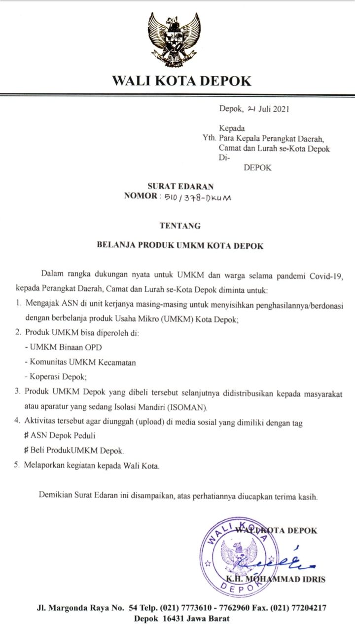 Surat Edaran Wali Kota Depok soal ASN beli produk UMKM