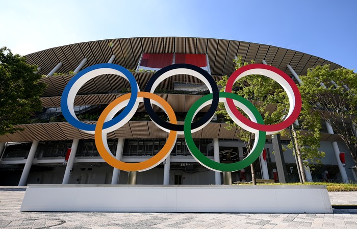 TOKYO, JAPAN - JULY 23: The Olympic rings outside of the stadium prior to the Opening Ceremony of the Tokyo 2020 Olympic Games at Olympic Stadium on July 23, 2021 in Tokyo, Japan. (Photo by Matthias Hangst/Getty Images)