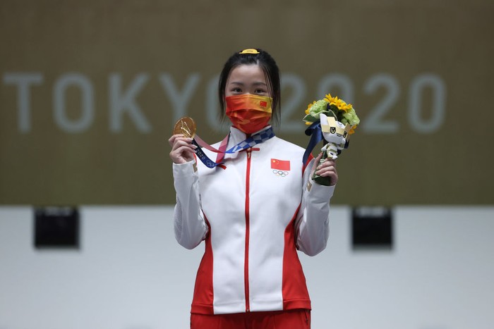 Qian Yang ASAKA, JAPAN - JULY 24: Gold Medalist Qian Yang of Team China poses on the podium during the medal ceremony for the 10m Air Rifle Womens event on day one of the Tokyo 2020 Olympic Games at Asaka Shooting Range on July 24, 2021 in Asaka, Saitama, Japan. (Photo by Kevin C. Cox/Getty Images)