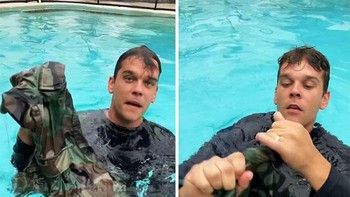 Setelah melepaskan celana, ikat kedua ujung celana menjadi satu seperti ini, risleting atau kancingkan celana. Bagian tersulit, bawa ke samping dan banting untuk mendapatkan udara sebanyak mungkin ke dalamnya.  Foto: @Dutchintheusa via Bored Panda