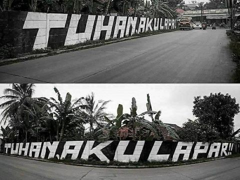 Grafiti 'Tuhan Aku Lapar' di Tigaraksa, Tangerang, sebelum dihapus petugas