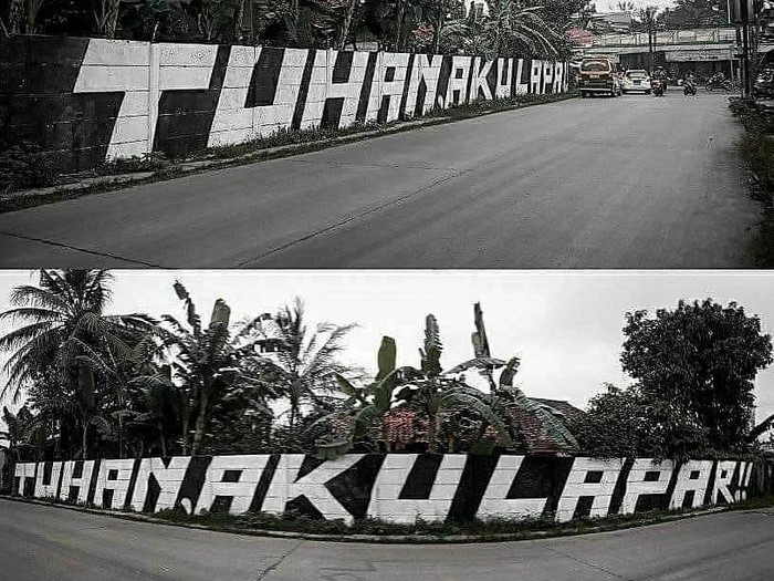Grafiti Tuhan Aku Lapar di Tigaraksa, Tangerang, sebelum dihapus petugas