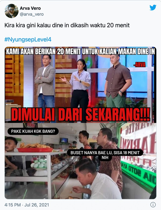 Nggak cuma pengunjung rumah makannya aja yang harus bisa makan cepat, tapi para koki juga harus punya keahlian setara Master Chef nih. Kalau masaknya kelamaan, keburu habis deh waktu 20 menitnya. Foto: Twitter