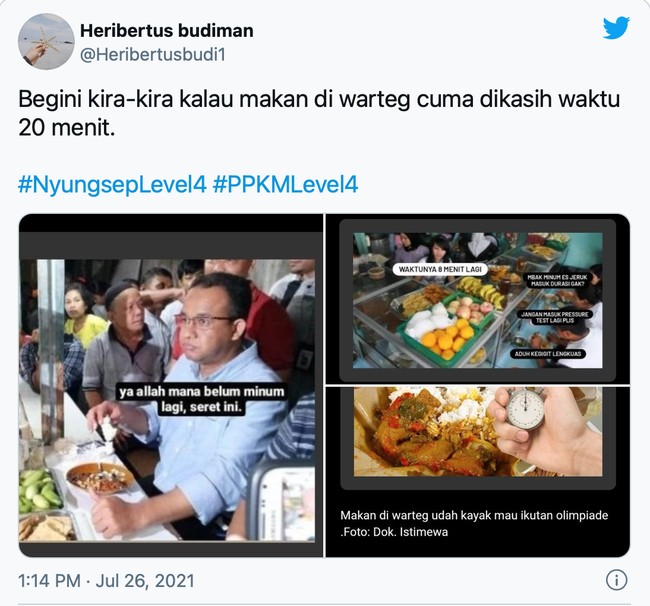 Nggak cuma bisa tidak sempat minum, tapi bisa-bisa yang lagi makan juga jadi keselek. Makannya jadi serasa lagi ikut olimpiade atau ikutan uang kaget? Foto: Twitter