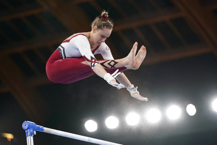 Pauline Schaefer-Betz, of Germany, performs on the beam during womens artistic gymnastic qualifications at the 2020 Summer Olympics, Sunday, July 25, 2021, in Tokyo. (AP Photo/Morry Gash)