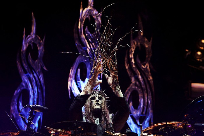 83438326 SYDNEY, AUSTRALIA - OCTOBER 26: Drummer Joey Jordison of heavy metal band Slipknot performs on stage in concert at Acer Arena on October 26, 2008 in Sydney, Australia. (Photo by Lisa Maree Williams/Getty Images)