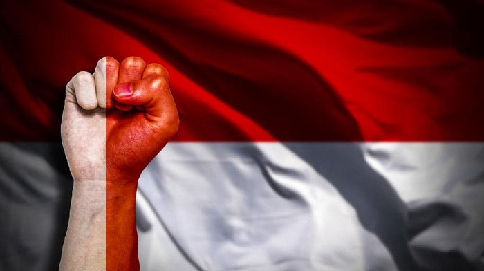Banner of Flag of Indonesia painted on male fist, fist flag, country of Indonesia, strength, power, concept of conflict. On a blurred background with a good place for your text.