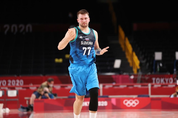 SAITAMA, JAPAN - JULY 26: Luka Doncic #77 of Team Slovenia reacts against Argentina during the second half on day three of the Tokyo 2020 Olympic Games at Saitama Super Arena on July 26, 2021 in Saitama, Japan. (Photo by Gregory Shamus/Getty Images)
