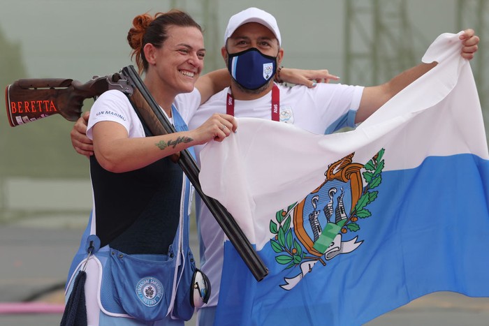 ASAKA, JAPAN - JULY 29: Bronze Medalist Alessandra Perilli of Team San Marino celebrates following the Trap Womens Finals on day six of the Tokyo 2020 Olympic Games at Asaka Shooting Range on July 29, 2021 in Asaka, Saitama, Japan. (Photo by Kevin C. Cox/Getty Images)