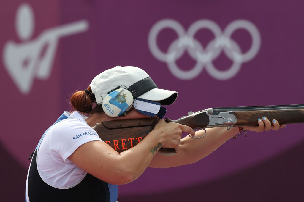 ASAKA, JAPAN - JULY 29: Bronze Medalist Alessandra Perilli of Team San Marino celebrates following the Trap Women's Finals on day six of the Tokyo 2020 Olympic Games at Asaka Shooting Range on July 29, 2021 in Asaka, Saitama, Japan. (Photo by Kevin C. Cox/Getty Images)