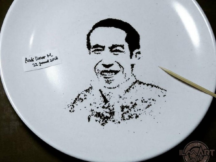 Lukisan dari kopi bubuk Keren! Seniman Ini Bikin Potret Wajah Jokowi dan Sandiaga Uno dari Kopi Bubuk